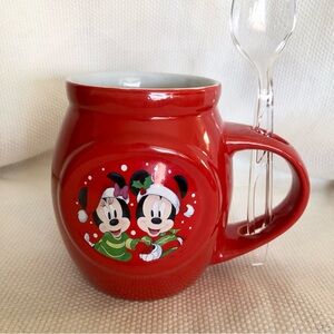 Disney Red Mug with Mickey and Minnie Santa Hats holly bow